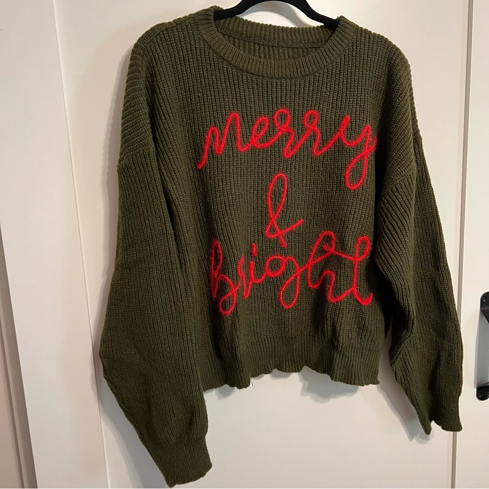 SHEIN Olive Sweater with Red Script
